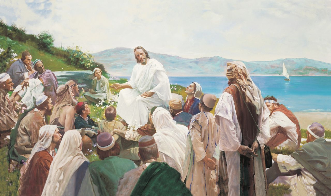 Jezus Christus houdt de Bergrede, met Bijbelse leringen voor onze tijd