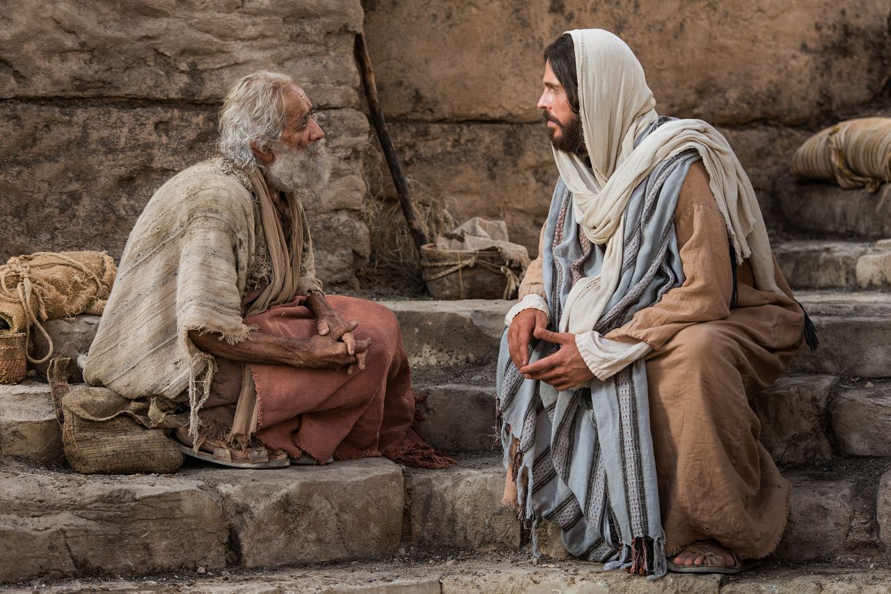 Jezus Christus spreekt bij het bad van Bethesda met een man die Hij geneest