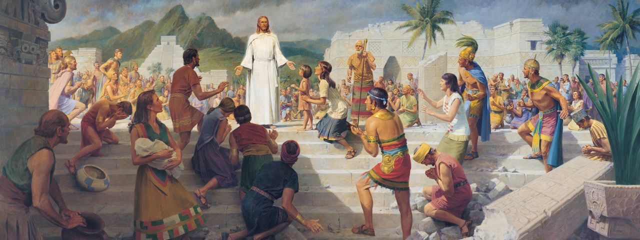 Jezus Christus verschijnt aan de mensen in het oude Amerika in het Boek van Mormon