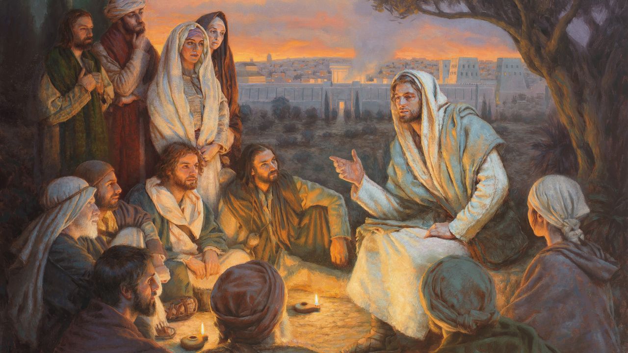 Jezus Christus onderricht zijn discipelen op een heuvel met uitzicht op de stadspoort van Jeruzalem