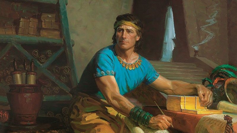 Mormon, de hoofdauteur van het Boek van Mormon transcribeert in een grot de gouden platen
